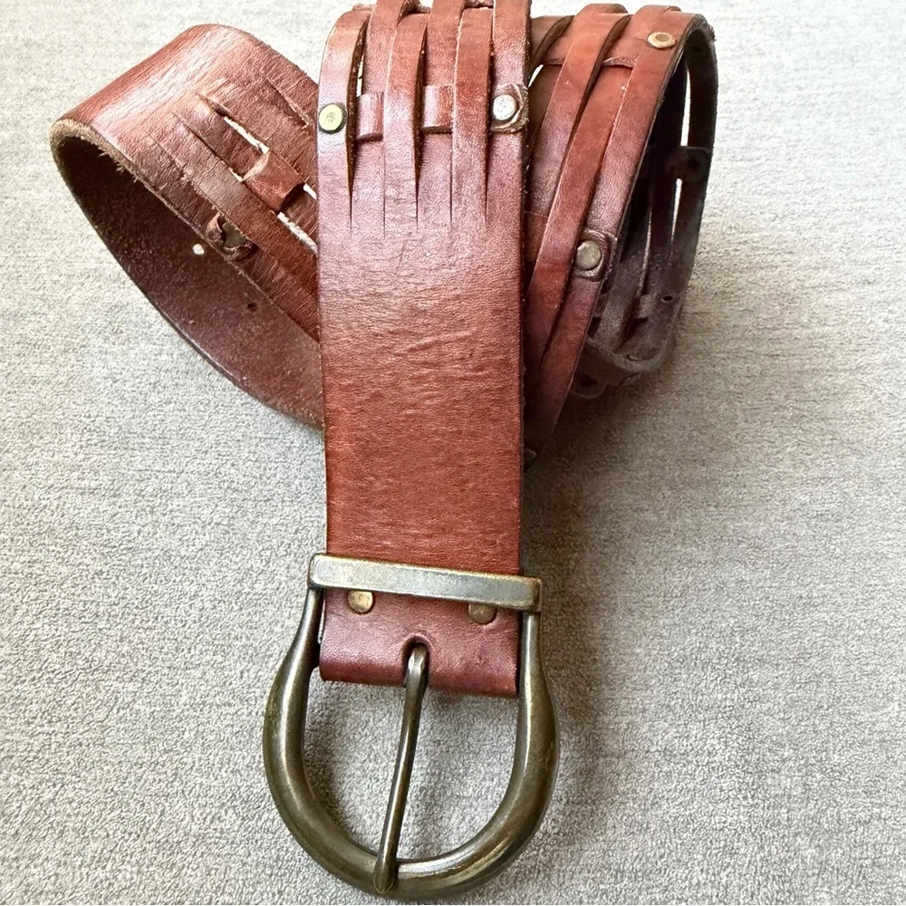 Hollister California Genuine Leather Woven Belt Brown Brass Buckle Boho